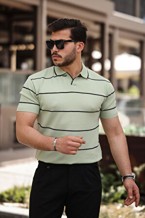 Miron Su Yeşili Çizgili Triko Polo Yaka Tişört- 2427
