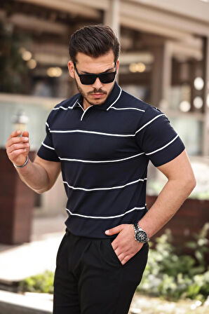 Miron Lacivert Çizgili Triko Polo Yaka Tişört- 2427