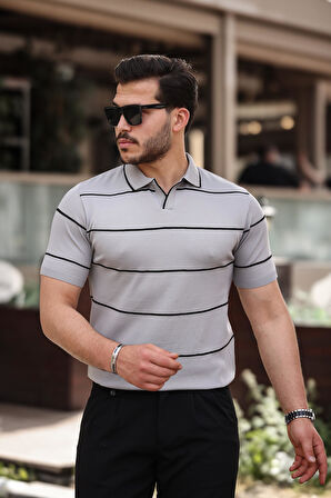 Miron Gri Çizgili Triko Polo Yaka Tişört- 2427