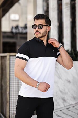 Miron Siyah Beyaz Kagi Ston Parçalı Polo Yaka Kısa Kollu Tişört- 2402