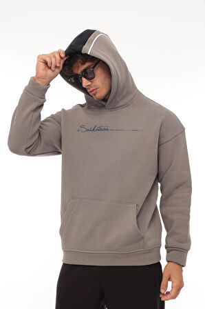 Miron Füme Sırt Şeritli Kapüşonlu Üç İplik Oversize Sweatshirt-2437 