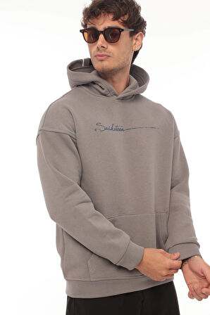 Miron Füme Sırt Şeritli Kapüşonlu Üç İplik Oversize Sweatshirt-2437 