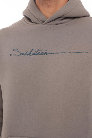 Miron Füme Sırt Şeritli Kapüşonlu Üç İplik Oversize Sweatshirt-2437 