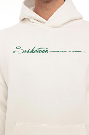 Miron Beyaz Sırt Şeritli Kapüşonlu Üç İplik Oversize Sweatshirt-2437 