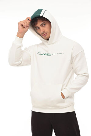 Miron Beyaz Sırt Şeritli Kapüşonlu Üç İplik Oversize Sweatshirt-2437 