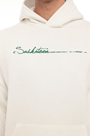 Miron Beyaz Sırt Şeritli Kapüşonlu Üç İplik Oversize Sweatshirt-2437 