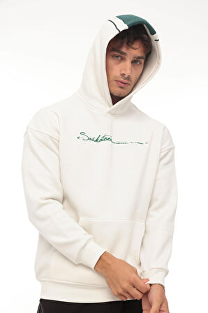 Miron Beyaz Sırt Şeritli Kapüşonlu Üç İplik Oversize Sweatshirt-2437 