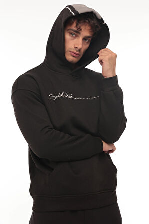 Miron Siyah Sırt Şeritli Kapüşonlu Üç İplik Oversize Sweatshirt-2437 