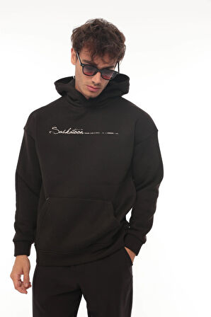 Miron Siyah Sırt Şeritli Kapüşonlu Üç İplik Oversize Sweatshirt-2437 