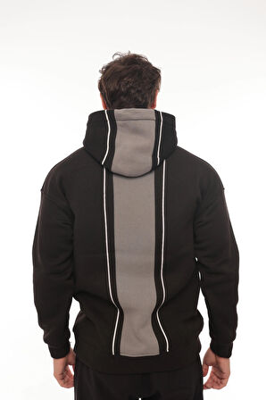 Miron Siyah Sırt Şeritli Kapüşonlu Üç İplik Oversize Sweatshirt-2437 