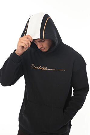 Miron Lacivert Sırt Şeritli Kapüşonlu Üç İplik Oversize Sweatshirt-2437 