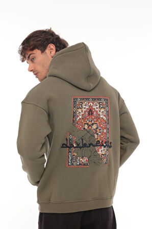 Miron Haki Sırtı Etnik Baskılı Kapüşonlu  Üç İplik Oversize Sweatshirt-2438 