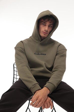 Miron Haki Sırtı Etnik Baskılı Kapüşonlu  Üç İplik Oversize Sweatshirt-2438 