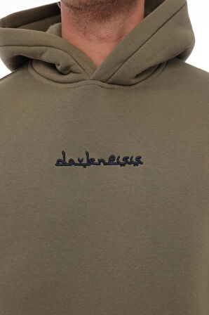 Miron Haki Sırtı Etnik Baskılı Kapüşonlu  Üç İplik Oversize Sweatshirt-2438 