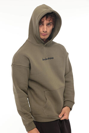 Miron Haki Sırtı Etnik Baskılı Kapüşonlu  Üç İplik Oversize Sweatshirt-2438 