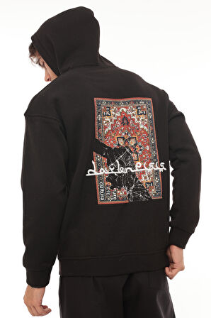 Miron Siyah Sırtı Etnik Baskılı Kapüşonlu  Üç İplik Oversize Sweatshirt-2438 