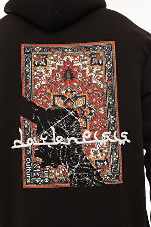 Miron Siyah Sırtı Etnik Baskılı Kapüşonlu  Üç İplik Oversize Sweatshirt-2438 