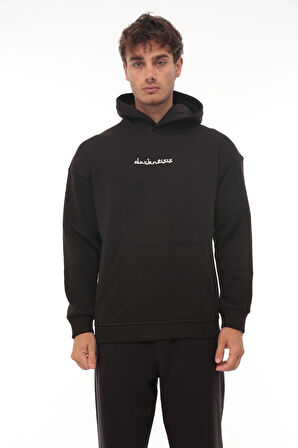 Miron Siyah Sırtı Etnik Baskılı Kapüşonlu  Üç İplik Oversize Sweatshirt-2438 