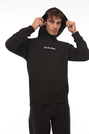 Miron Siyah Sırtı Etnik Baskılı Kapüşonlu  Üç İplik Oversize Sweatshirt-2438 