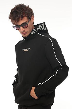 Miron Siyah Kapüşon Baskılı Üç İplik Oversize Sweatshirt- 2440