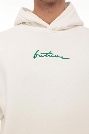 Miron Beyaz Sırtı Baskılı Kapüşonlu Üç İplik Oversize Sweatshirt- 2441