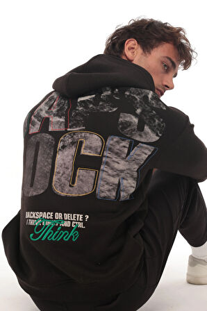 Miron Siyah Sırtı Baskılı Kapüşonlu Üç İplik Oversize Sweatshirt- 2441