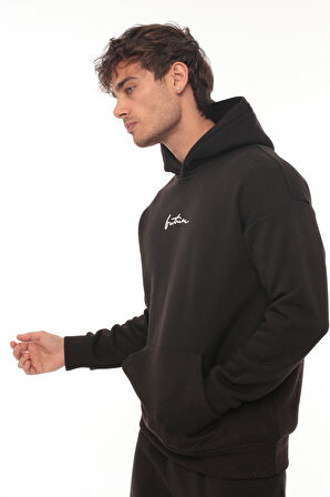 Miron Siyah Sırtı Baskılı Kapüşonlu Üç İplik Oversize Sweatshirt- 2441