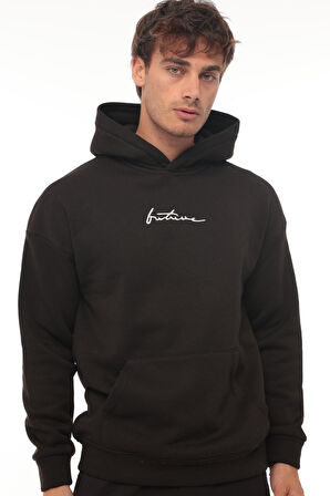 Miron Siyah Sırtı Baskılı Kapüşonlu Üç İplik Oversize Sweatshirt- 2441