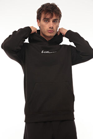 Miron Siyah Sırtı Baskılı Kapüşonlu Üç İplik Oversize Sweatshirt- 2441