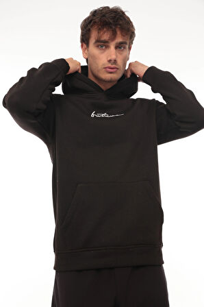 Miron Siyah Sırtı Baskılı Kapüşonlu Üç İplik Oversize Sweatshirt- 2441