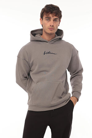 Miron Füme Sırtı Baskılı Kapüşonlu Üç İplik Oversize Sweatshirt- 2441