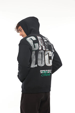 Miron Lacivert Sırtı Baskılı Kapüşonlu Üç İplik Oversize Sweatshirt- 2441