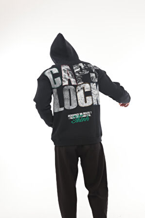 Miron Lacivert Sırtı Baskılı Kapüşonlu Üç İplik Oversize Sweatshirt- 2441