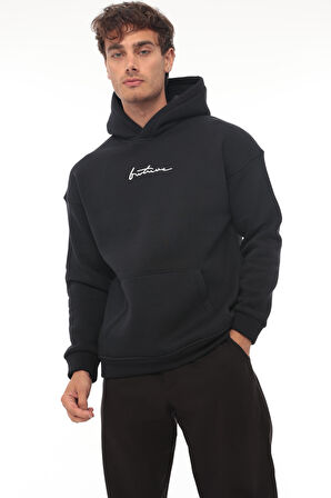 Miron Lacivert Sırtı Baskılı Kapüşonlu Üç İplik Oversize Sweatshirt- 2441