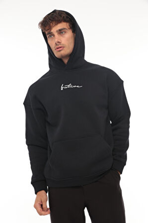 Miron Lacivert Sırtı Baskılı Kapüşonlu Üç İplik Oversize Sweatshirt- 2441