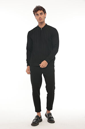 Miron Siyah Petek Dokulu Fitilli Polo Yaka Triko Kazak- 2445