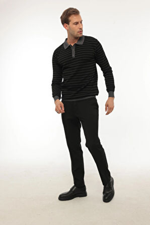 Miron Siyah Düğme Detaylı Çizgili Polo Yaka Triko Kazak -2446 