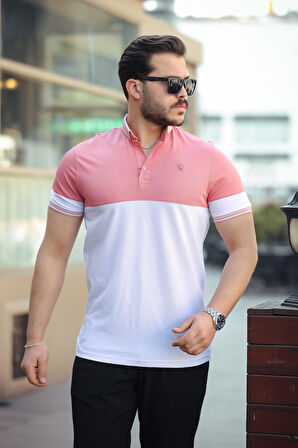 Miron Pembe Beyaz Kagi Ston Parçalı Polo Yaka Kısa Kollu Tişört- 2402