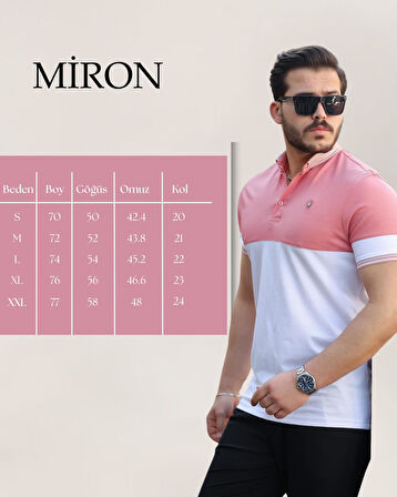 Miron Pembe Beyaz Kagi Ston Parçalı Polo Yaka Kısa Kollu Tişört- 2402