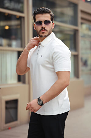 Miron Beyaz Basic Fermuar Detaylı Polo Yaka Kısa Kollu Tişört 2501