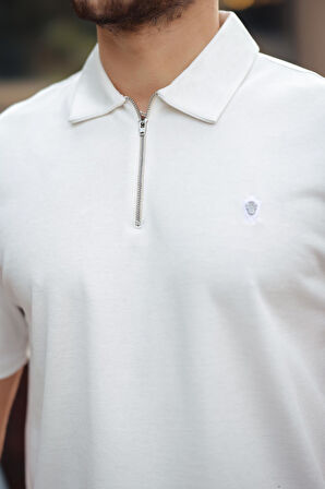 Miron Beyaz Basic Fermuar Detaylı Polo Yaka Kısa Kollu Tişört 2501