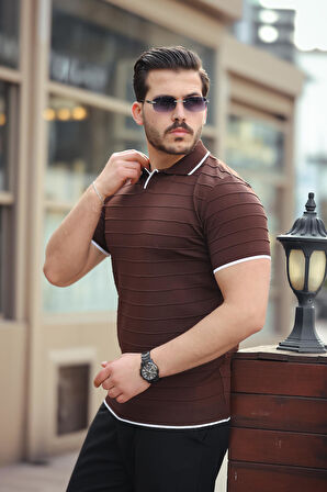 Miron Kahverengi Kabartma Çizgi Polo Yaka Triko Tişört- 2403