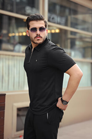 Miron Siyah Basic Fermuar Detaylı Polo Yaka Kısa Kollu Tişört 2501