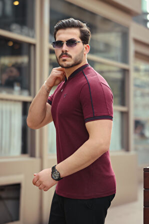 Miron Bordo Kolej Yaka Yarım Fermuarlı Kısa Kollu Tişört- 2408