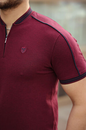 Miron Bordo Kolej Yaka Yarım Fermuarlı Kısa Kollu Tişört- 2408