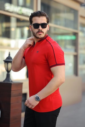 Miron Kırmızı Kolej Yaka Yarım Fermuarlı Kısa Kollu Tişört- 2408