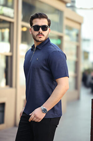 Miron Lacivert Basic Fermuar Detaylı Polo Yaka Kısa Kollu Tişört 2501