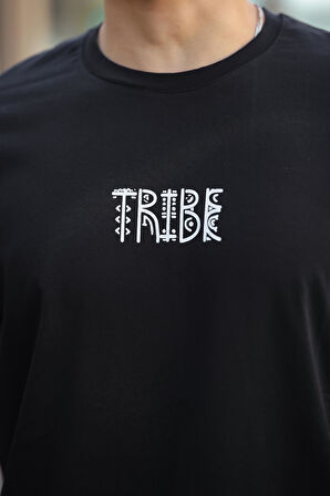 Miron Siyah Tribe Baskı Detaylı Sıfır Yaka Kısa Kollu Oversize Tişört- 2503