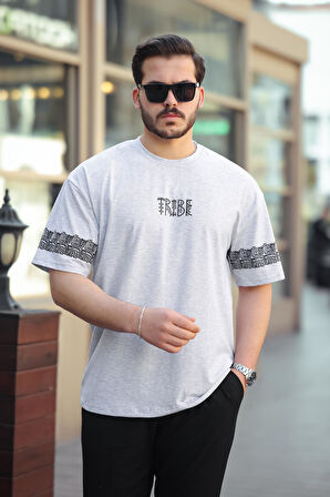 Miron Gri Tribe Baskı Detaylı Sıfır Yaka Kısa Kollu Oversize Tişört- 2503