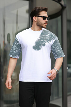 Miron Beyaz Kol Baskı Detaylı Sıfır Yaka Oversize Kısa Kollu Tişört -2506